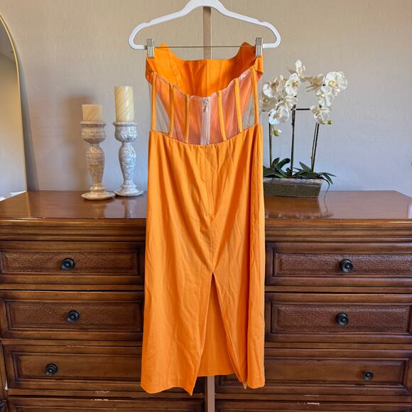 NBD Leighton Midi Dress Large NWT Satin Orange Lace-Up Cutout - Picture 3 of 9
